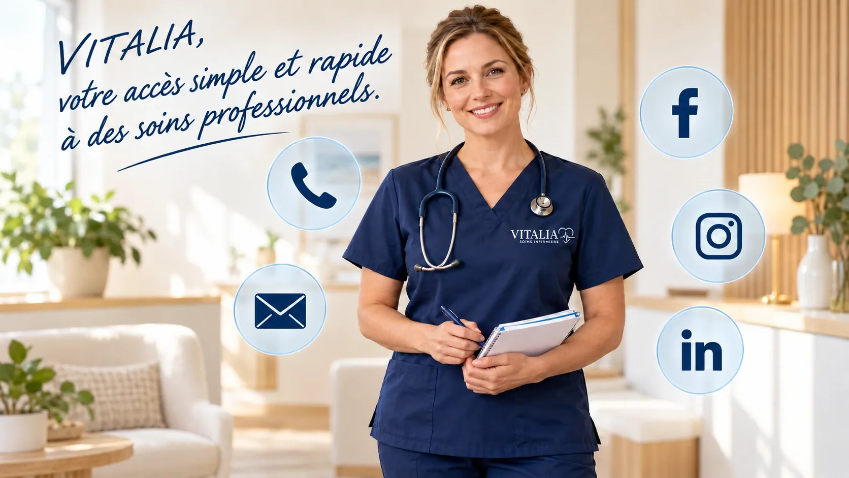 Une infirmière avec un calepin, entourée d’icônes de téléphone, courriel et réseaux sociaux. VITALIA, votre accès simple et rapide à des soins professionnels.