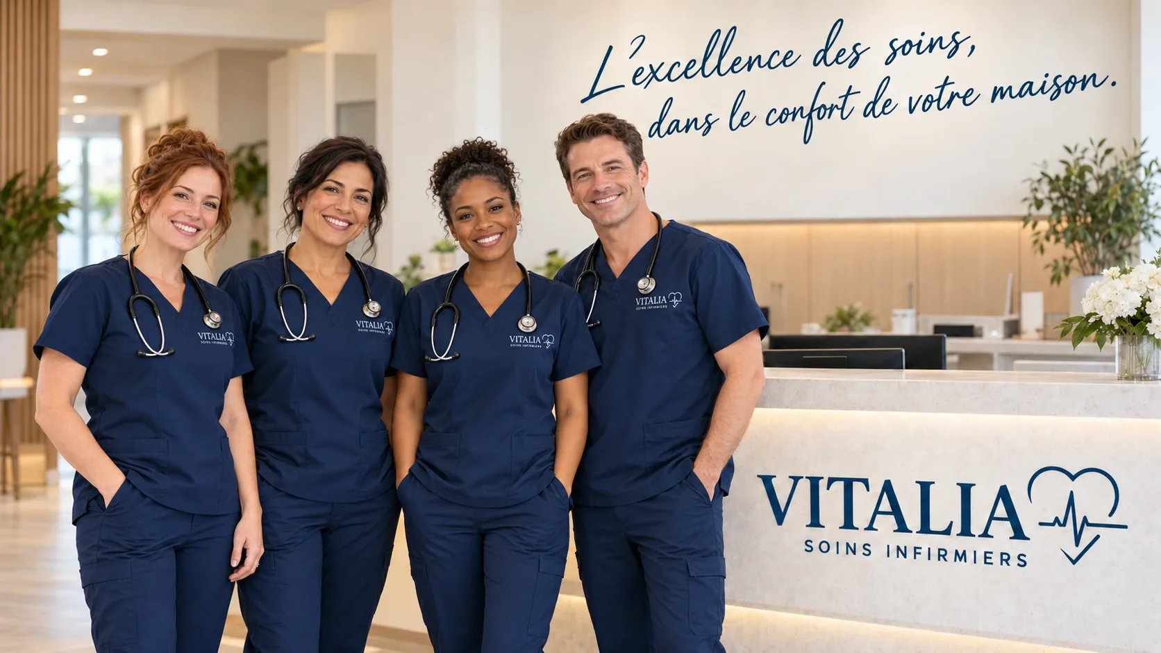 Une équipe infirmière mixte devant le comptoir d’une clinique VITALIA. L’excellence des soins, dans le confort de votre maison.
