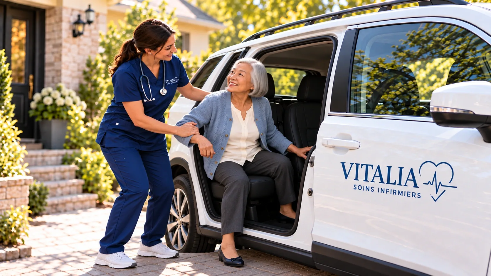 Une infirmière VITALIA aide une patiente à entrer dans une voiture portant le logo VITALIA.